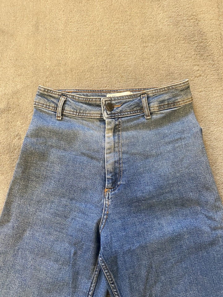 ZARA ‘The Marine Straight’ Wide Leg Blue Frayed Hem Jeans Size 38/UK 10