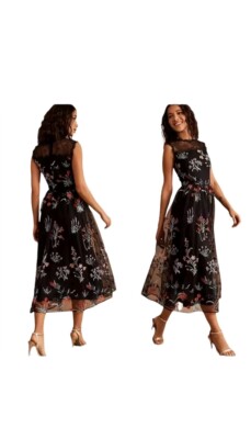 BHLDN Isabel Garcia Floral Embroidered Tulle Midi Dress Sleeveless Black  Size Xl | eBay