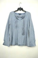 Chaps Women Blue Splice Tie Front V Neck Long Sleeve Straight Hem Cotton Shirt M