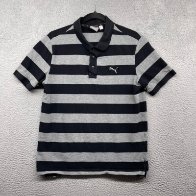 Puma Mens Polo Shirt Black Gray Striped Short Sleeve Collared Button Up Size M