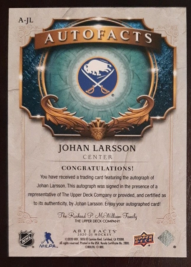 2020 - 2021 Upper Deck Artifacts Johan Larsson Autofacts Hockey Card - Image 2 of 2