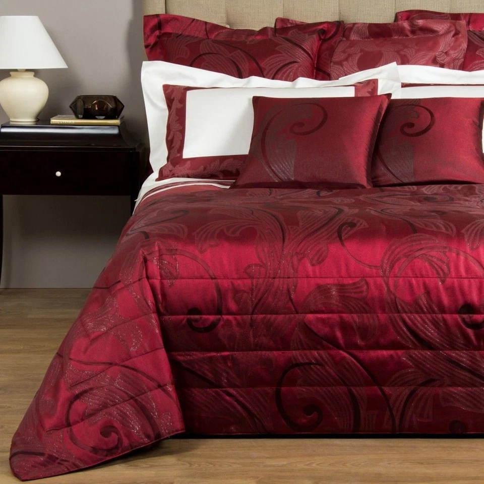 $4730 NEW Frette 3 PC LUX SHIMMER Red SILK Coverlet + 2 SHAMS VOLUTE Bordo QUEEN