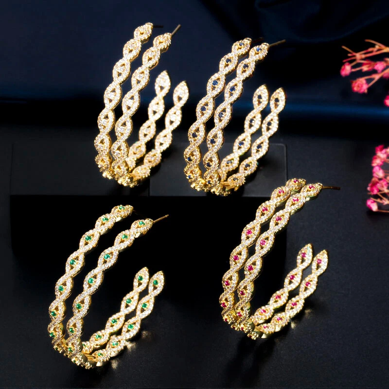 Yellow Gold Plated Blue Cubic Zircon Cross Stone Big Round Hoop
