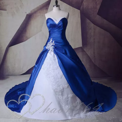 Vintage Royal Blue Wedding Dresses Satin Gothic White Bridal Dress Lace Applique - Picture 1 of 13