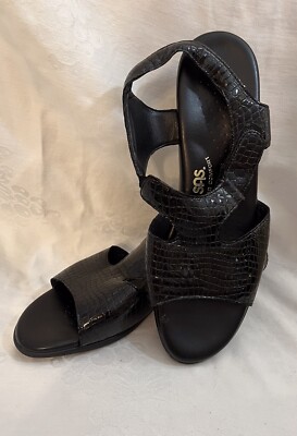 SAS Tripad Black Leather Sandals Mock Croc Ankle Strap Women's 10M