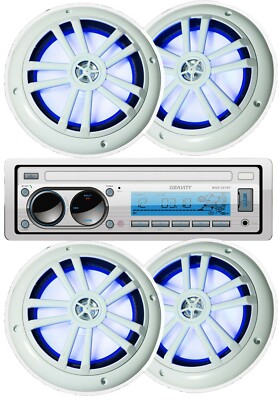 Gravity Marine Boat AM FM BT Receiver +4x Gravity 6.5'' Marine Speakers White LED