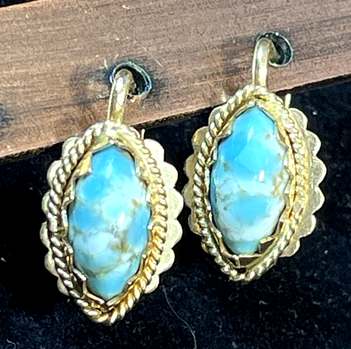18K GOLD PERSIAN TURQUOISE EARRINGS NATURAL GEMSTONE 750 LEVERBACK SIGNED - Picture 21 of 21