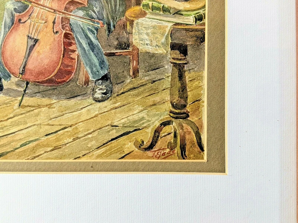 José Joaquín Tejada Original Acuarela Pintura de un Hombre Tocando un Violonchelo Foto 3 de 3