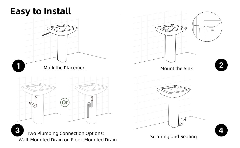 Los Flexi 24" x 19" White Ceramic Pedestal Sink with Overflow and 3 Faucet Hole