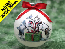 F071 Hand-made Christmas Ornament - farm goat - baby goats opening present (red)