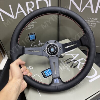 Nardi 340mm Leather Deep Dish 74MM Black Racing Steering Wheel Fit MOMO/OMP Hub