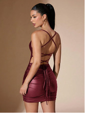 BAE Backless Criss-Cross Pu Leather Pleated Halter Mini Dress Sz XS S M L