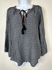 Daniel Rainn Womens Size L Blk/Wht Mosaic Boho Tasseled Blouse 3/4 Sleeve