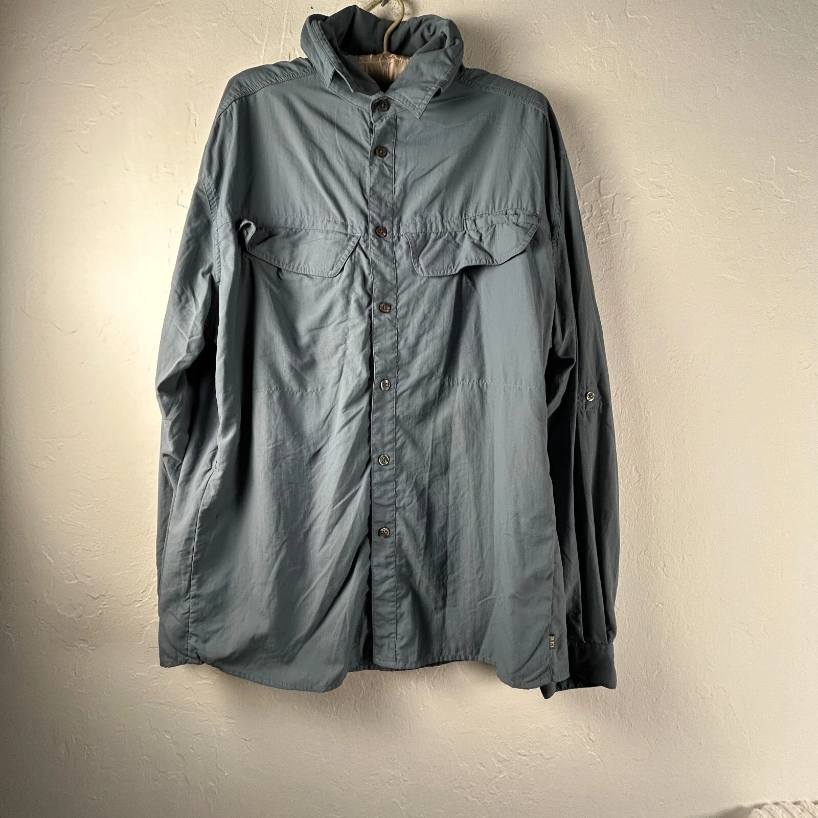 REI Mens Shirt Large Gray Button Up Long Sleeve Tactical Nylon Fishing Hiking