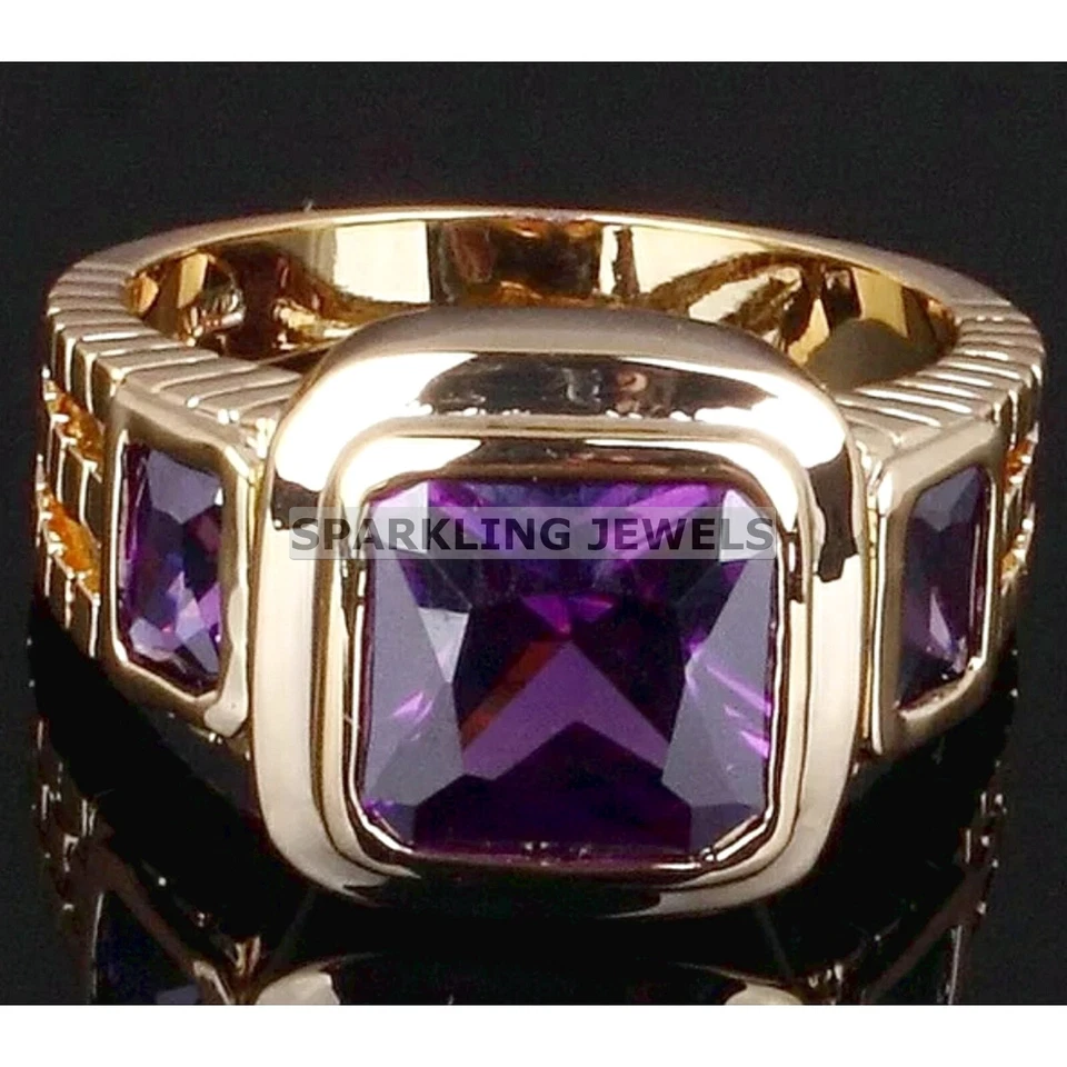 Anillo de Amatista Vívida con Corte de Cojín Plateado 925 Chapado en Oro para Hombres #C32 Foto 4 de 4