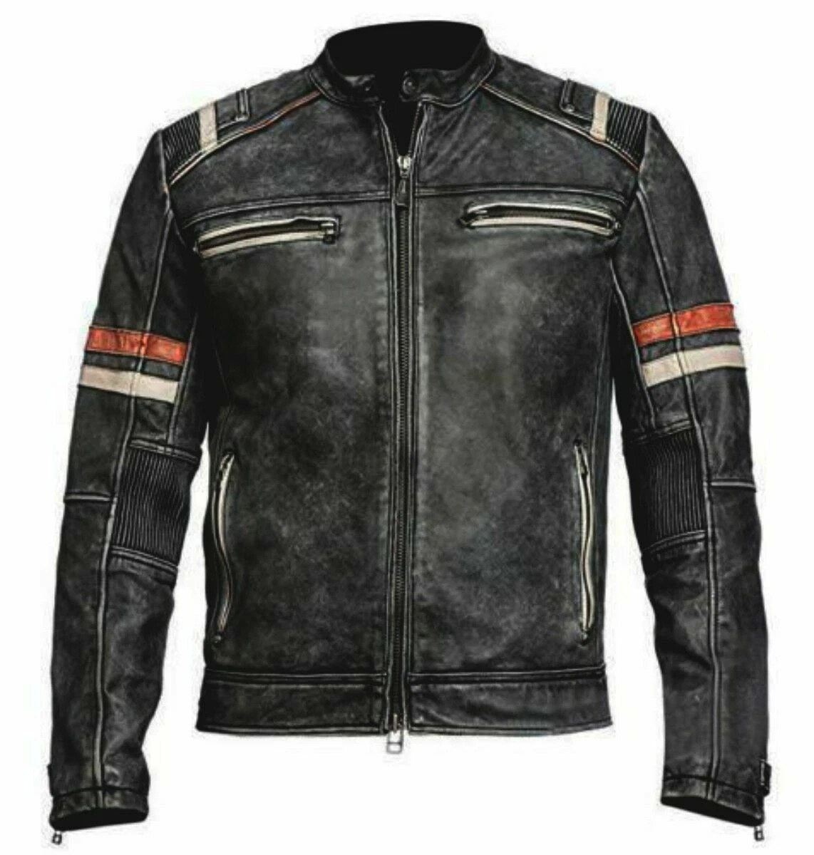 Men's Biker Vintage Motorcycle Cafe Racer Retro Moto Distressed Leather Jacket