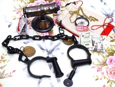 Vintage Iron Prisoner Handcuffs  Chain   Rustic Police Shackles with Brass Tag