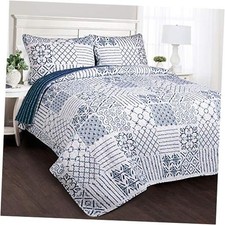 Monique 3 Piece Reversible Print Pattern Quilt Set King Blue