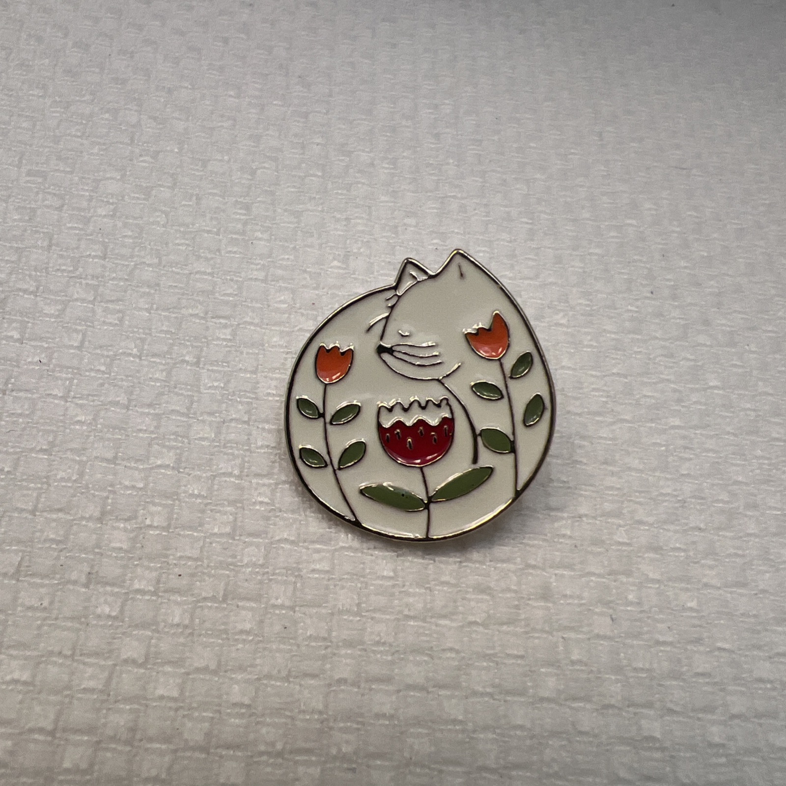 White Cat Brooch Pin with Floral Geometric Design - Chic Rustic Jewelry