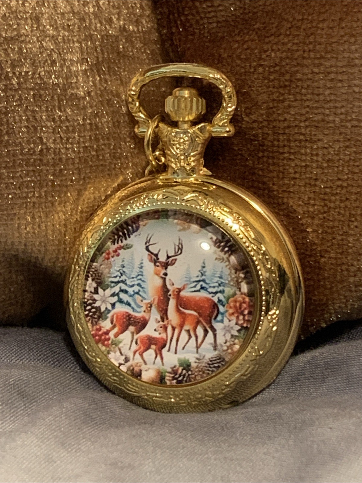 Vintage Pocket Watch “Deer in Forest” Gift Pendant Quartz Holiday Gift New