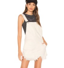 FREE PEOPLE Women’s 14 Torn Up Jumper Frayed White Overalls Denim Mini Skirt