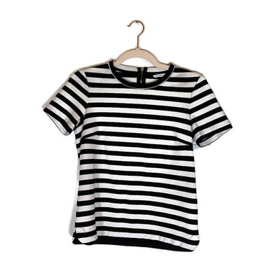 Club Monaco Knit Short Sleeve Top Sz S Black White Stripe Heavy Zip Minimalist