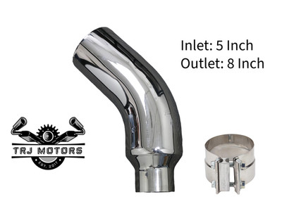 5'' In 8'' Out Diesel Exhaust Chrome Turndown Elbow Tip 23'' Long with SS Clamp