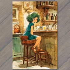 Art Print Girl Green Hair Sitting Bar Stool Warm Cafe Cozy Interior Bottles Tea