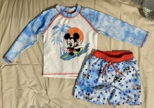 Toddler Boys 2T Mickey Mouse Swim Set Long Sleeve Shirt Lined Trunks