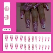 Long Square Flase Nail Pink Cobweb Fake Nail Love Heart Nail Tips for Halloween
