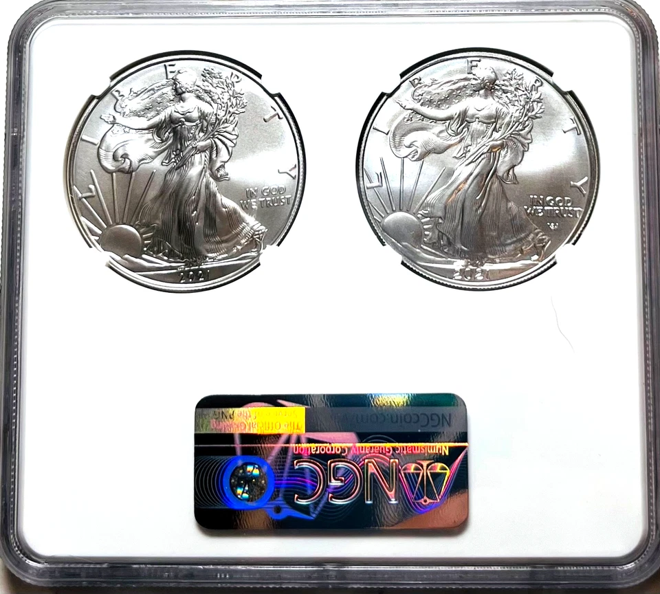 2021 SILVER EAGLE Último - Primeiro Dia de PRODUÇÃO em SUPORTE DUPLO NGC MS70 🦅 - Imagem 2 de 4