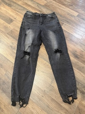 Risen 7/28 Straight Leg Jeans Women Faded Black Factory Distressed Raw Hem Crop.