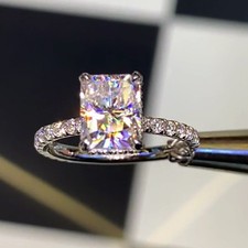 Radiant Cut Moissanite 10x8 mm Hidden Halo Engagement Ring 14K White Gold Plated