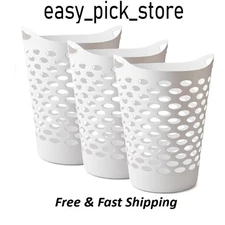 (3 pack) Mainstays Plastic Round Laundry Hamper, White, with Carrying Handles