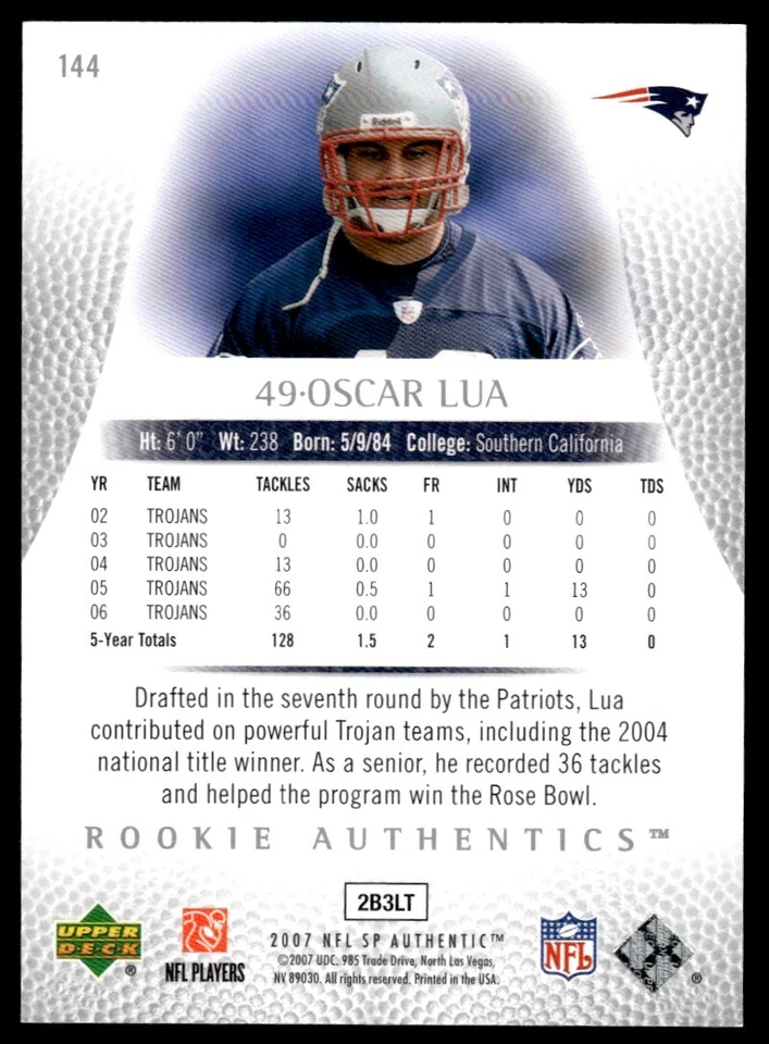 2007 SP Authentic Oscar Lua Rookie 0769/1399 New England Patriots #144 R123 - Image 2 of 2
