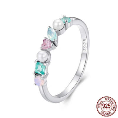 Rainbow Eternity Daumenringe, 925 Sterling Silber Opal/CZ/Perle Hochzeit bunt
