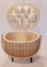 Singer Wicker Sewing Box Vintage Mid-Century with Spindle Legs and Many Notions
