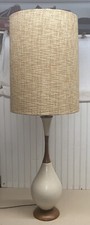 Vtg MCM 60-70’s TALL Teak Wood Tan Specks 3 Way Pottery Table Lamp Light Shade