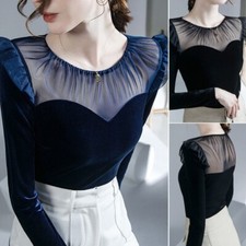 Blusa Top T-Shirt Elegante In Velluto Con Maniche A Ruffles E Collo A Giro
