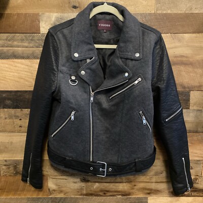 Vigoss Moto Jacket Black Faux Leather And Wool Biker Coat Women's Size Large