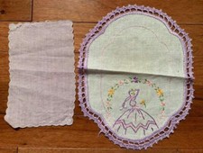 Vintage Embroidered Lady with crocheted edge linen doily set 31b
