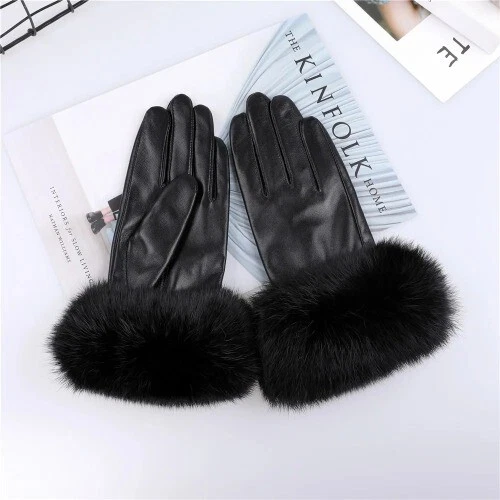 New  Wholesale Women's Faux Sheepskin Pu Leather Gloves  Rabbit Fur Cuffs Gloves - Image 2 of 4