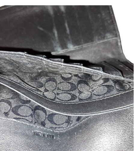 Coach Black Leather Snap Tri-Fold Full Size Wallet Signature Interior - Picture 4 of 6