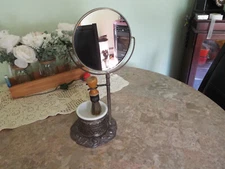 Antique Ornate Shaving Stand Mirror w/ Milk Glass Cup & Brush 14" Tall