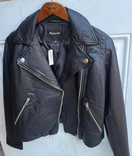 New Madewell True Black Washed Leather Motorcycle Jacket Coat Sz M Brass Nc112