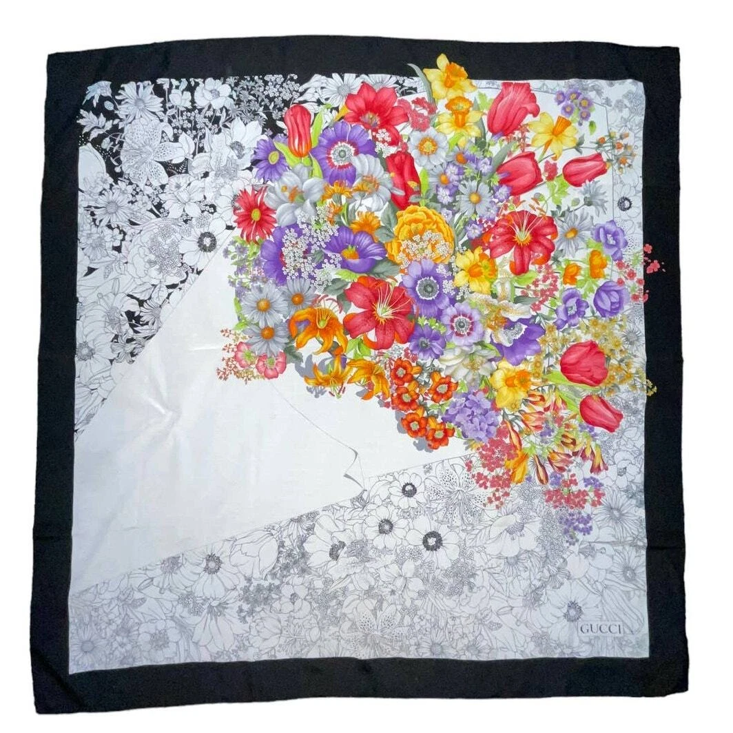 FOULARD GUCCI EN SOIE IMPRIMÉ FLORE TÊTE COU ENVELOPPANT MULTICOLORE FABRIQUÉ EN ITALIE