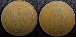 SWEDEN Oscar II Bronze 1905 5 Öre 27mm Mintage-545,080 ch.VF  KM# 757 (23 170)