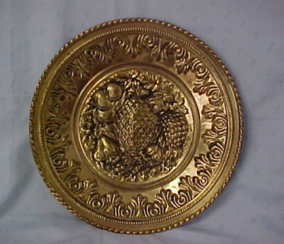 Vintage Embossed Brass Wall Plate Pineapple,Grapes,Pears,Peaches,Berries,12'' UK