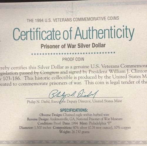 1994 P Prisoner Of War(POW) Proof Commemorative US Mint Silver Dollar,Deep Cameo - Picture 6 of 8