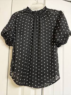 China Dolls~Short Puffed Sleeve Black & White Polka Dots~HighNeck Blouse Size XL